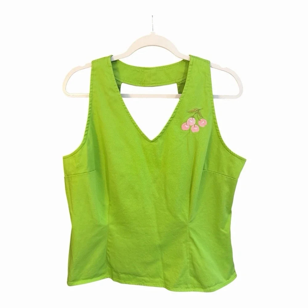 Sag‎ Harbor Petite Cherry Embroidered Matching Set Green Crop Top Size 14P Y2K